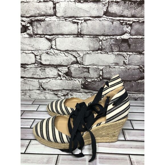 J.CREW Eloise Blue Striped Fabric Espadrilles Wedge Ankle Wrap Sandals Women 8M - Picture 6 of 16